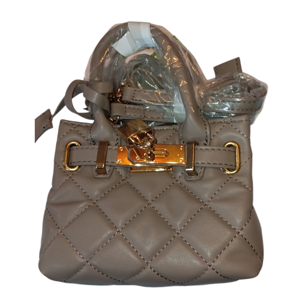 Badgley Mischka Beige Quilted Mini Bag with Gold Accents